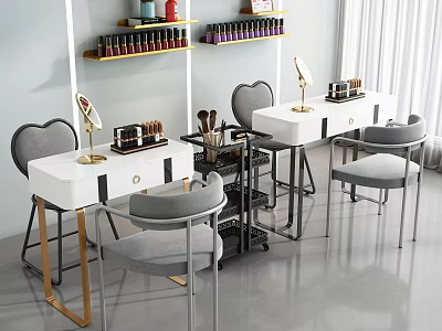 White Functional Desk With Gold Accents Gray Chairs Mirrors Cosmetics On Table And Background Shelves 3d model