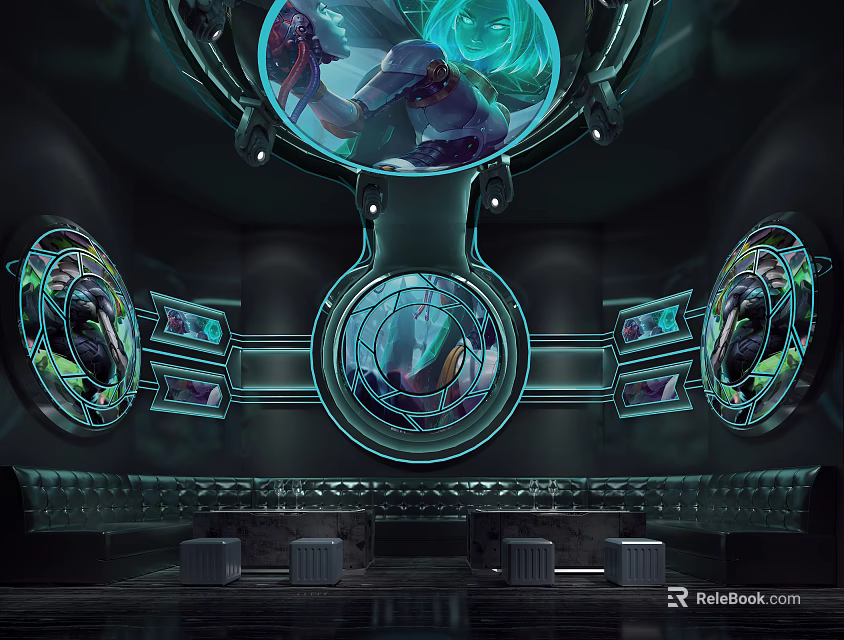 Modern KTV Interior Design With Circular Screens Futuristic Lighting And Comfortable Seating 3d model 