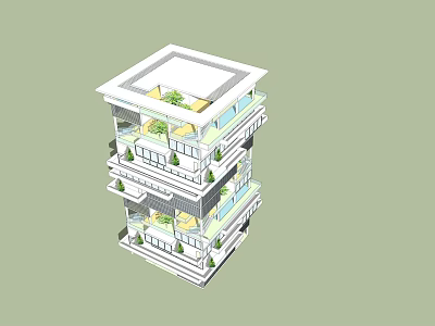 Modern Multi Story Residential Building With Balconies Green Plants White Exterior And Roof Terrace 3d model
