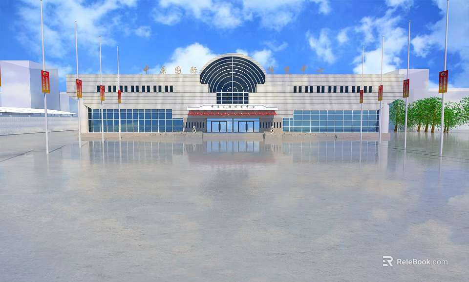 Modern Building With Large Arched Entrance Spacious Square Reflective Ground And Blue Sky 3d model