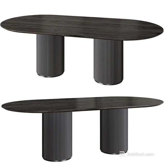 Modern Oval Black Dining Table With Fluted Double Pedestal Legs Design 3d model 
