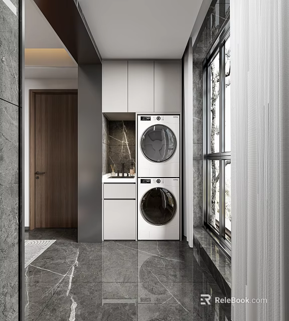 Modern Bedroom Interior With Stacked Washer Dryer Cabinet And Large Window 3d model 