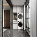 Modern Bedroom Interior With Stacked Washer Dryer Cabinet And Large Window