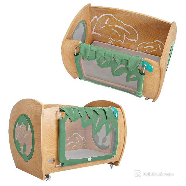 Wooden Baby Crib With Green Leaf Patterns And Transparent Mesh Sides Design 3d model 