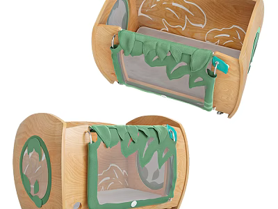 Wooden Baby Crib With Green Leaf Patterns And Transparent Mesh Sides Design 3d model
