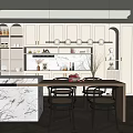 Modern Restaurant Interior Design With Marble Island Countertop White Cabinets Pendant Lights And Black Chairs