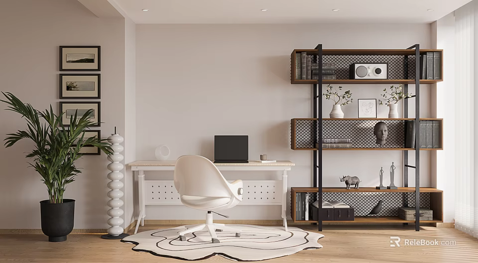 White Desk Interior With Black Laptop White Chair Wooden Shelf Green Plant And Patterned Rug 3d model 