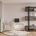 White Desk Interior With Black Laptop White Chair Wooden Shelf Green Plant And Patterned Rug