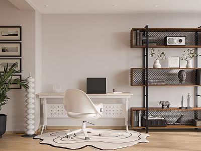 White Desk Interior With Black Laptop White Chair Wooden Shelf Green Plant And Patterned Rug 3d model
