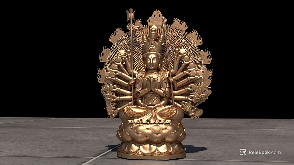 Golden Buddha Sculpture With Multiple Arms Flame Like Background And Lotus Base Intricate Carving 3d model 