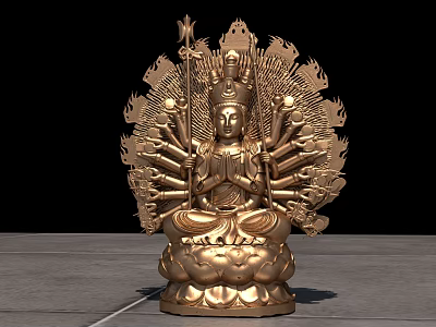 Golden Buddha Sculpture With Multiple Arms Flame Like Background And Lotus Base Intricate Carving 3d model