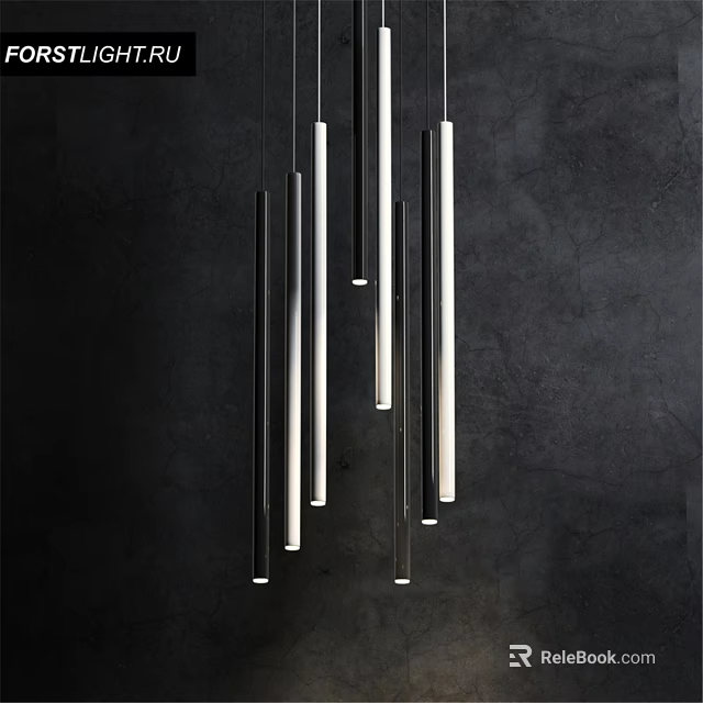 Modern Slim Cylindrical Chandelier With Metal Tubes And Dark Background 3d model 
