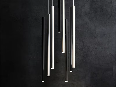 Modern Slim Cylindrical Chandelier With Metal Tubes And Dark Background 3d model