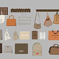 Various Style Bags As Daily Necessities Hanging On Wall And Placed On Shelves