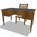Wooden Writing Desk With Dark Top Drawers And Matching Upholstered Patterned Chair