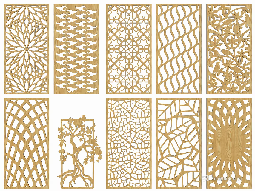 Golden Laser Cut Decorative Screens With Various Intricate Patterns For Interior 3d model