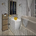 Stylish White Toilet Interior in Bathroom With Bathtub Wicker Basket Shelf and Mosaic Tiles