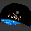 Cartoon Spaceship in Space with Earth Planets Satellites and Colorful Animated Elements