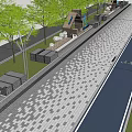 Municipal Road With Patterned Paved Sidewalk Greenery Street Lamps And Signs