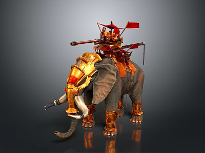 Intricate Elephant Sculpture With Rider Ornate Golden Decorations And Red Flags 3d model