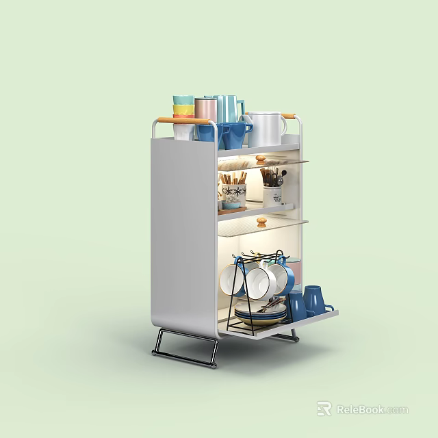 Modern White Kitchen Storage Rack With Multiple Shelves Holding Dishes Bowls And Cups 3d model 