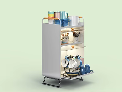 Modern White Kitchen Storage Rack With Multiple Shelves Holding Dishes Bowls And Cups 3d model