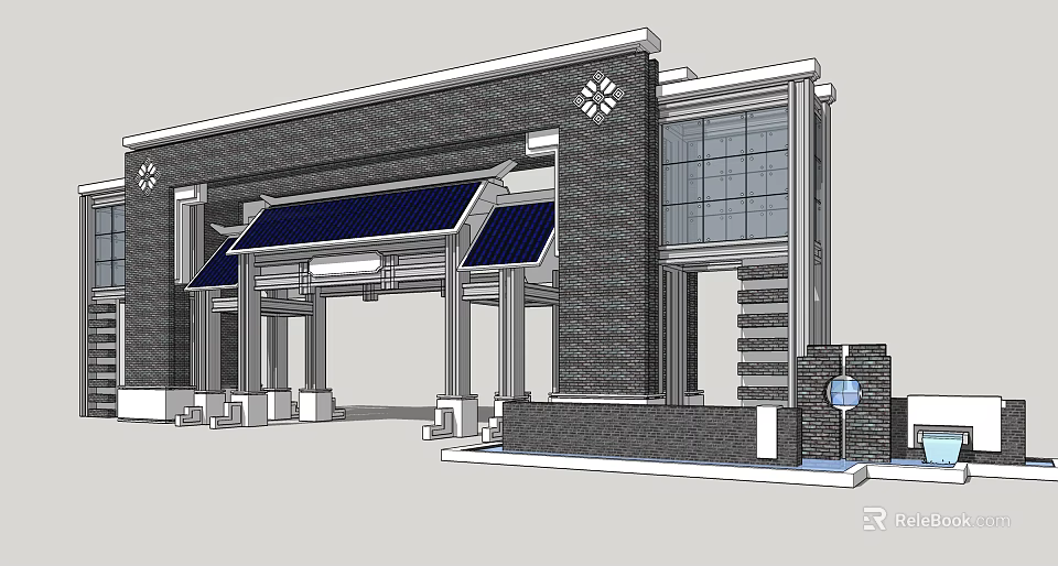 Brick Building Main Gate With Blue Canopies Columns Steps And Decorative Clock 3d model 