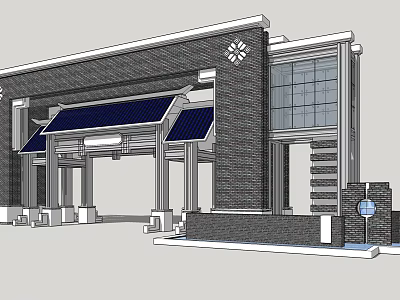 Brick Building Main Gate With Blue Canopies Columns Steps And Decorative Clock 3d model