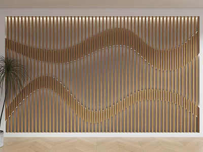 Modern Sofa Background Wall With Wooden Wavy Slats And Plant 3d model