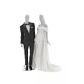 Models Showcasing Elegant White Wedding Dresses and Black Formal Tuxedo Suits