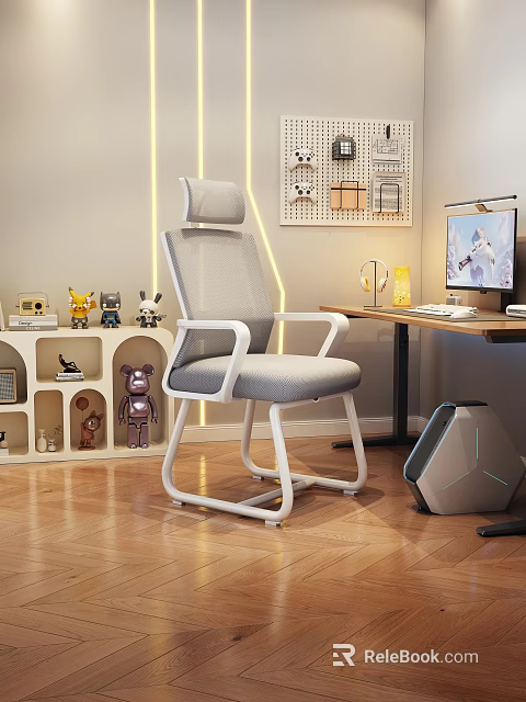 Ergonomic Grey Mesh Office Chair With White Frame In Modern Home Workspace 3d model 