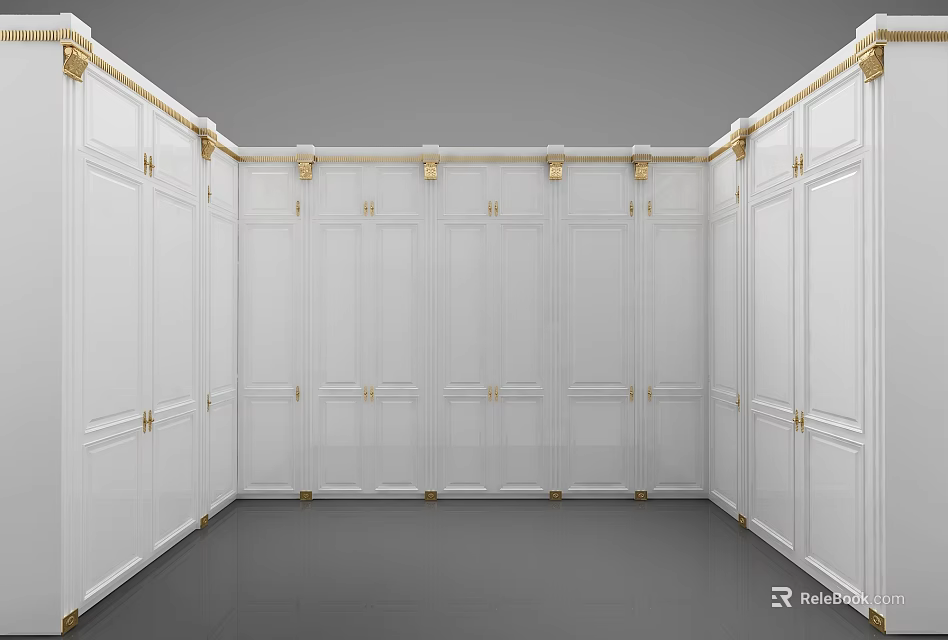Elegant White Wardrobe With Gold Accents And Paneled Doors Interior Design 3d model 