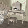Elegant Ornate Dressing Table With Mirror And Upholstered Stool In Bedroom