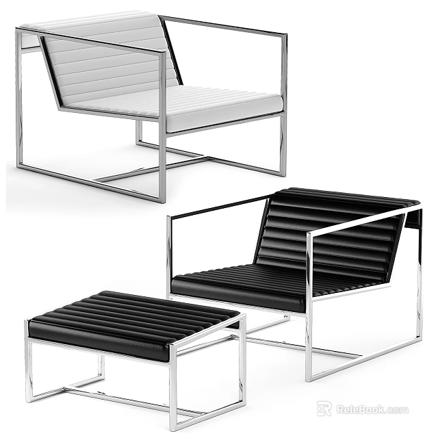 Modern Armchair Design With Metal Frame Black White Leather Upholstery And Ottoman 3d model 