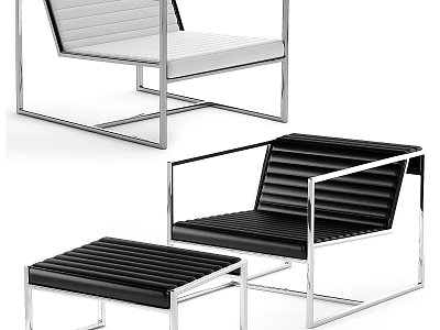 Modern Armchair Design With Metal Frame Black White Leather Upholstery And Ottoman 3d model