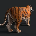 Realistic 3D Tiger Model With Orange Black Stripes And White Face Standing On Black Background