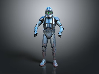 Silver Armored Humanoid Figure With Green Eyes And Detailed Armor 3d model