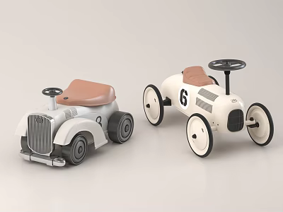 Electric Toy Cars With Vintage Design White Gray Brown Seats And Number 6 9 Decorations 3d model