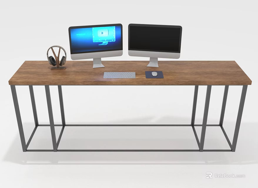 Modern Wooden Desk with Metal Frame Two Monitors Headphones Keyboard Mouse Pad Home Office 3d model 