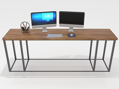 Modern Wooden Desk with Metal Frame Two Monitors Headphones Keyboard Mouse Pad Home Office 3d model