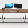 Modern Wooden Desk with Metal Frame Two Monitors Headphones Keyboard Mouse Pad Home Office