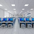 Spacious Computer Classroom With Neatly Arranged Desks And Blue Screen Computers 3d model