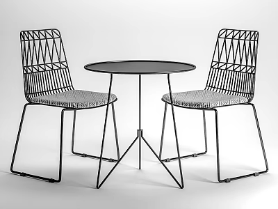 Modern Stylish Outdoor Round Table With Metal Frame And Woven Chairs 3d model