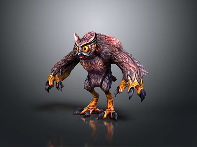 3D Fantasy Owl Creature With Purple Orange Feathers Large Sharp Claws And Big Orange Eyes 3d model