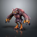 3D Fantasy Owl Creature With Purple Orange Feathers Large Sharp Claws And Big Orange Eyes