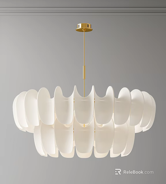 Modern White Petal Shaped Chandelier With Gold Hanging Rod On Gray Background 3d model 