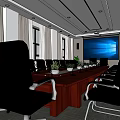 Spacious Meeting Room With Long Table Black Chairs Projection Screen And Plants 3d model