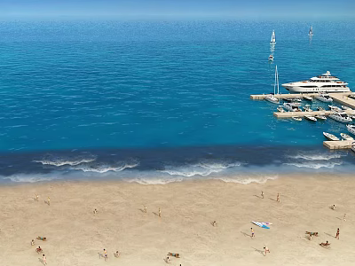 Scenic Coastal Beach View With Turquoise Ocean People And Marina Yachts 3d model