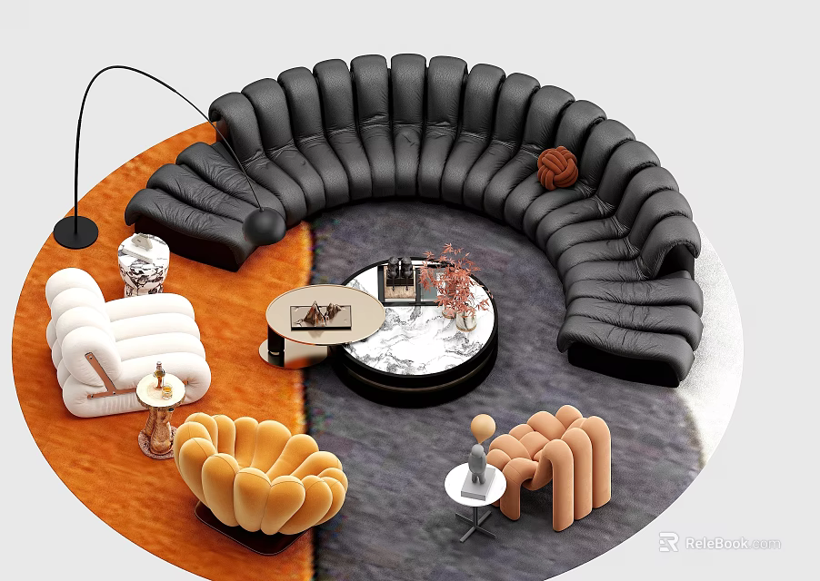 Modern Living Room With Curved Black Sofa White Armchair Orange Cushions And Marble Coffee Table 3d model 