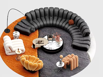 Modern Living Room With Curved Black Sofa White Armchair Orange Cushions And Marble Coffee Table 3d model